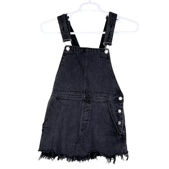 Free People Womens 4 Black Denim Overall Dress Frayed Hem Mini Jumper Grunge - Picture 8 of 15